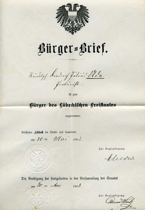 Bürgerbrief von Rudof Ude Lübeck